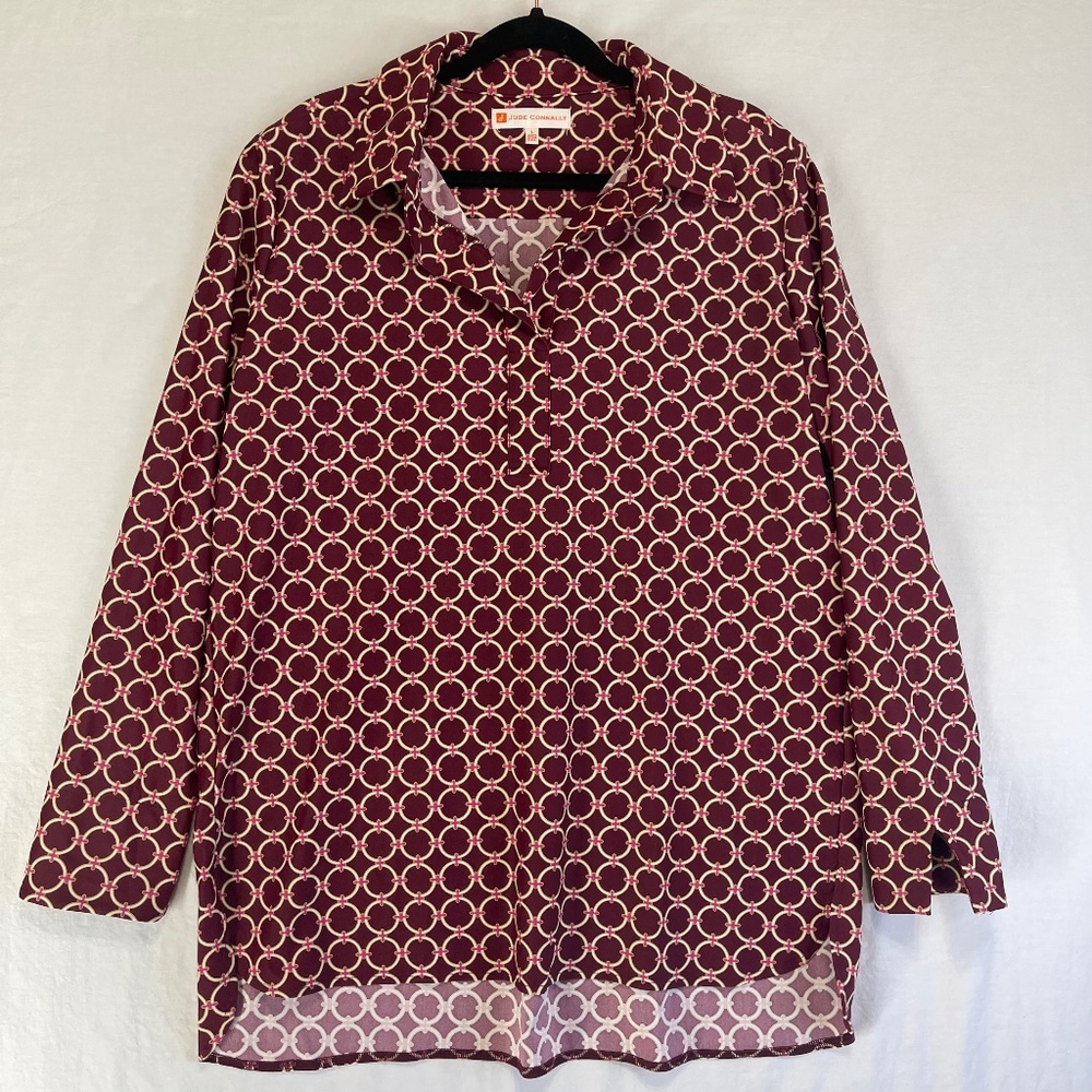 Jude Connally V neck Tunic Geometric Long Sleeve Top Size Large Maroon Burgundy